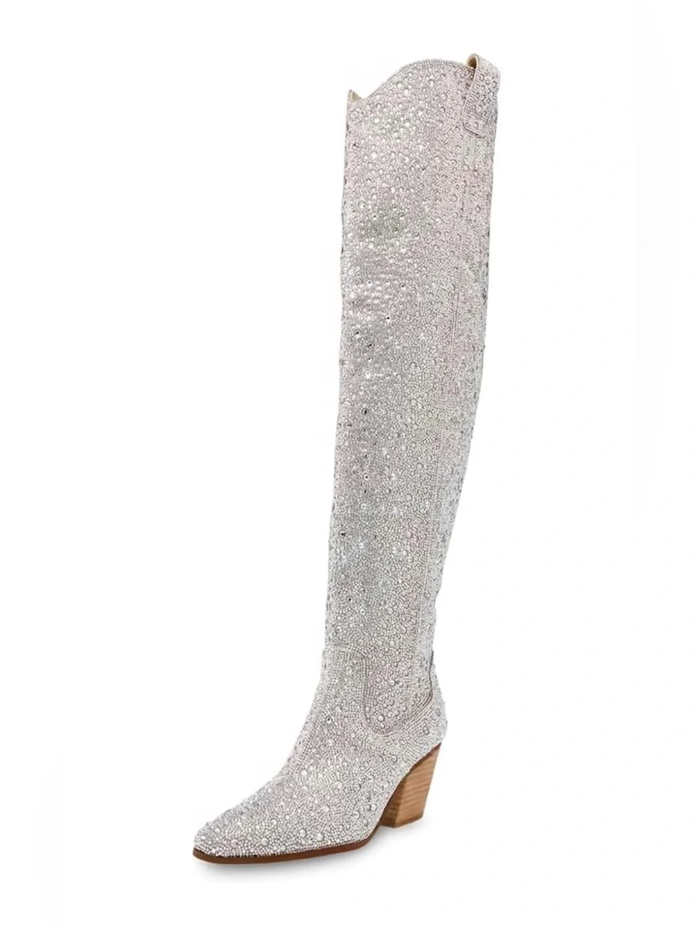 Size 10: Silver Rhinestone Over-the-Knee Western Style Boots